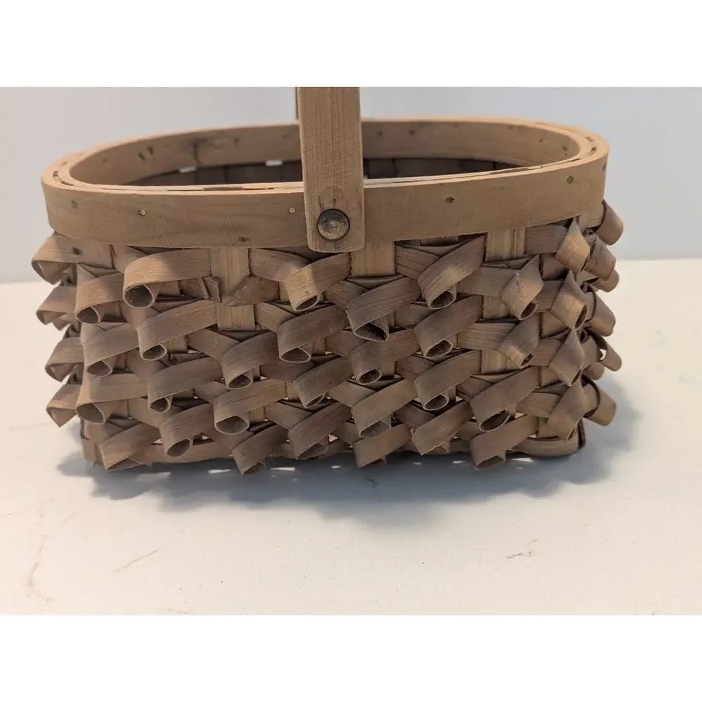 Vtg. Porcupine Curl Splint Wood Basket Curly Weave Moving Handle 9